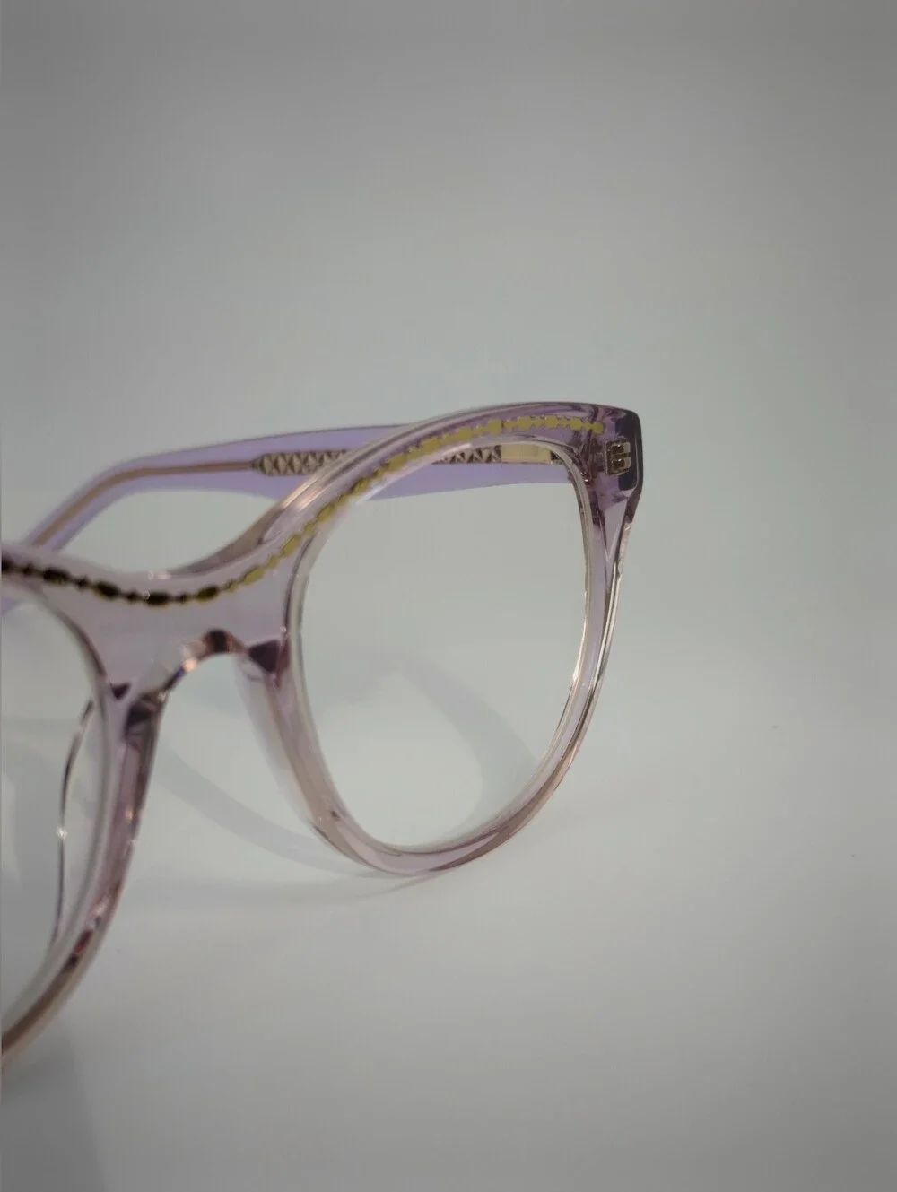 Arcady. Women's Fashion Eyeglasses - Light Lavender Frame Gold Inserts.